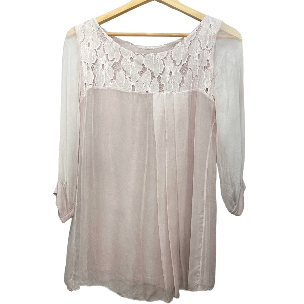 Amanti 100% Silk Blouse Made in Italy Lace Trim Top Size Small